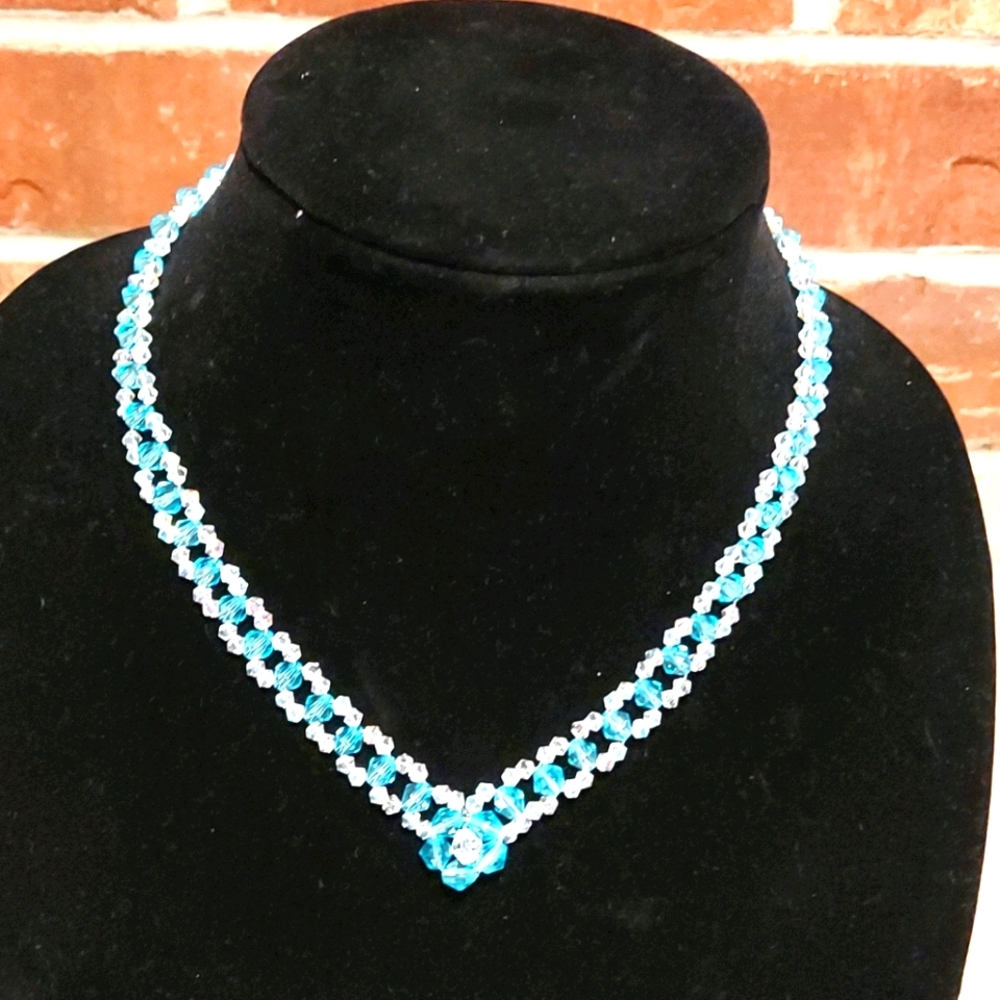 Hand made Sky Blue and Clear Crystal Necklace